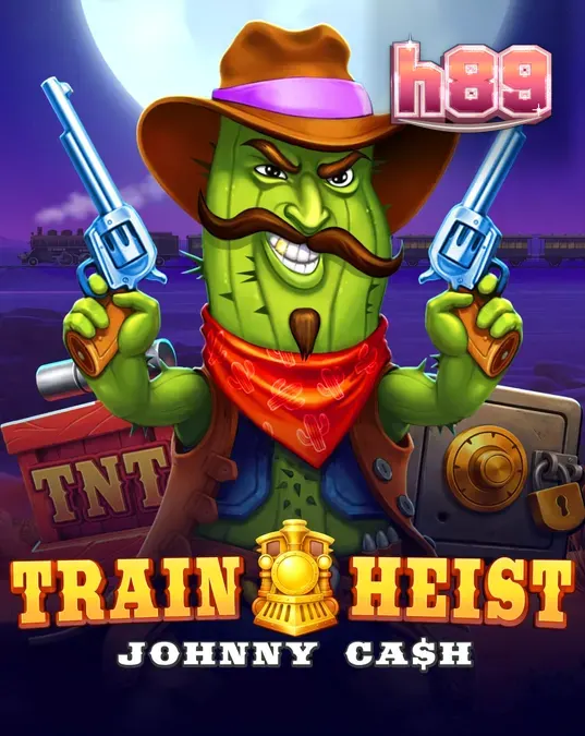 Pemandangan gurun Wild West dengan elemen permainan slot Train Heist Johnny Cash